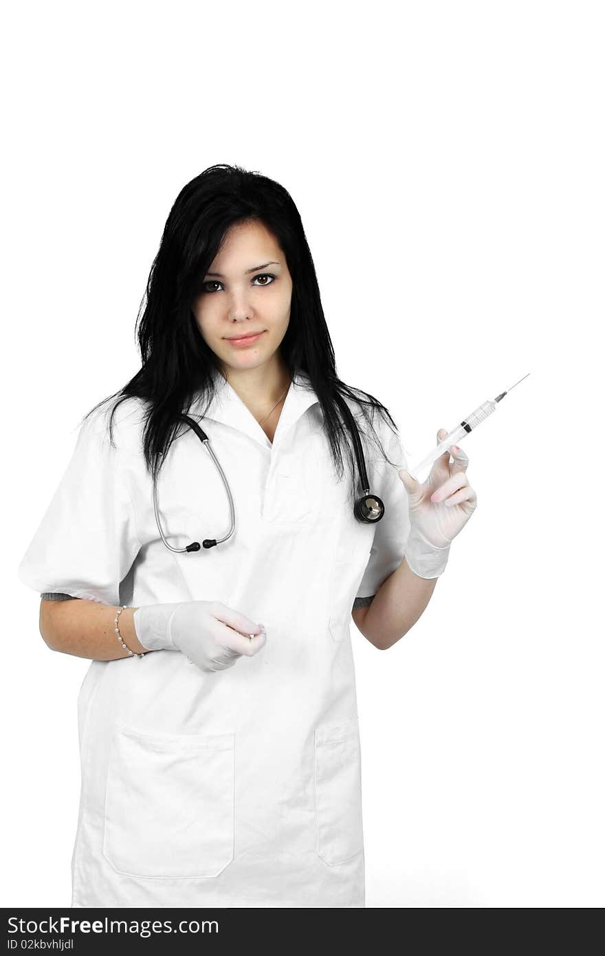 Young smiling female doctor with stethoscope and syringe