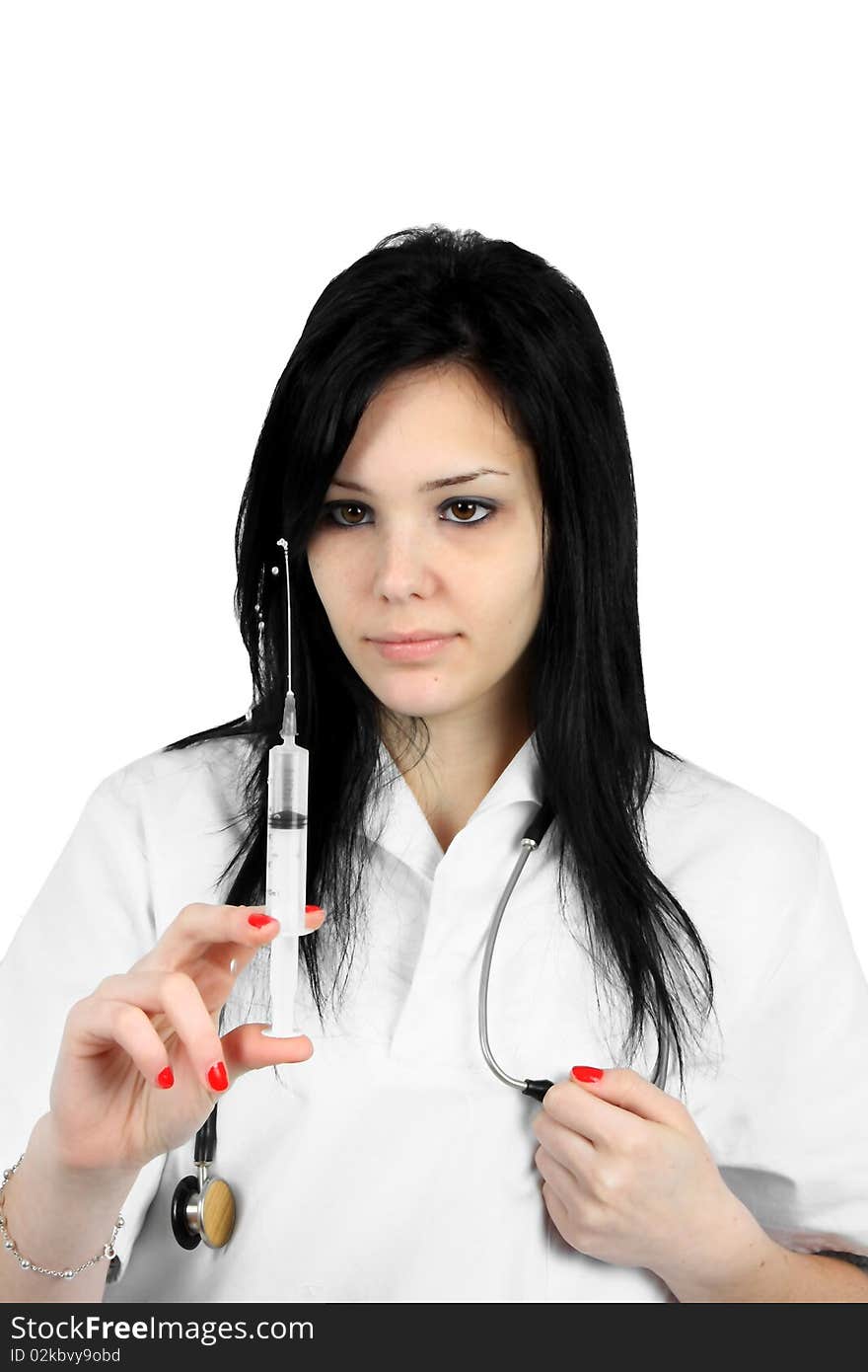 Young smiling female doctor with stethoscope and syringe