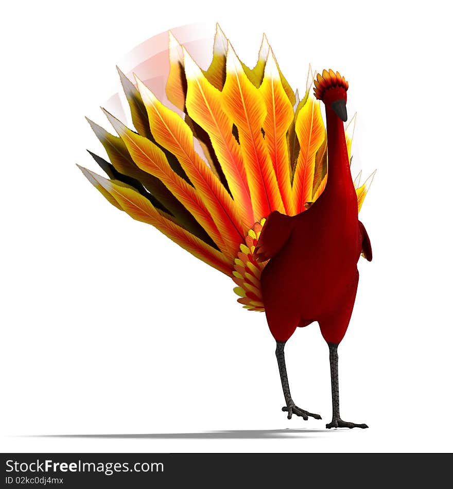 Red Fantasy Bird With Beautiful Feathers. 3D