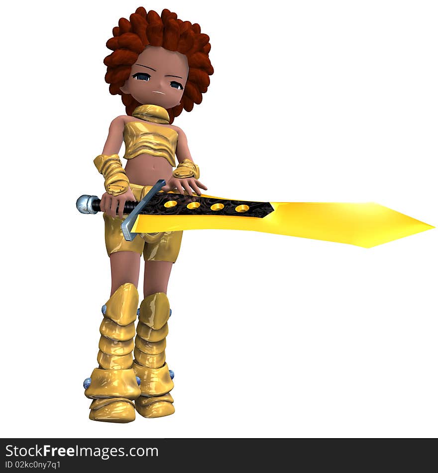 Female fantasy manga knight as a cartoon guard. 3D rendering with clipping path and shadow over white