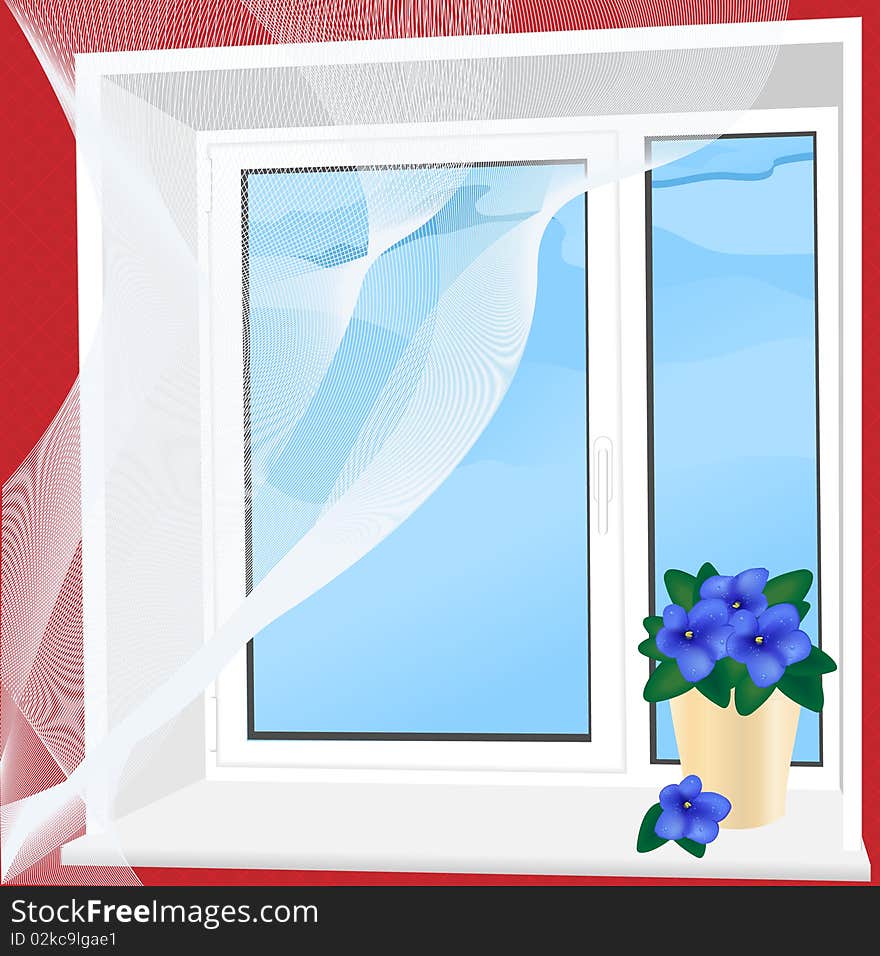 Plastic window with a flower on the windowsill. Vector