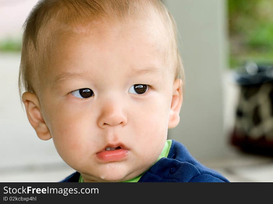 Closeup portrait of a 1 year old multiethnic Korean American boy outdoors. Closeup portrait of a 1 year old multiethnic Korean American boy outdoors.