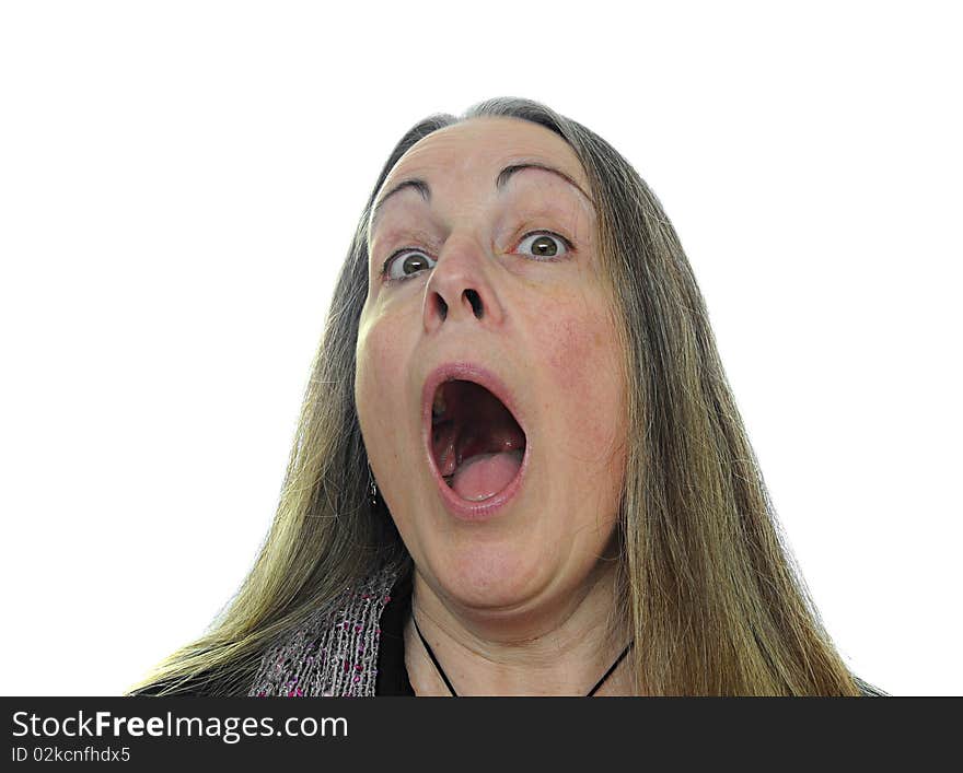 Woman screaming isolated over a white background.