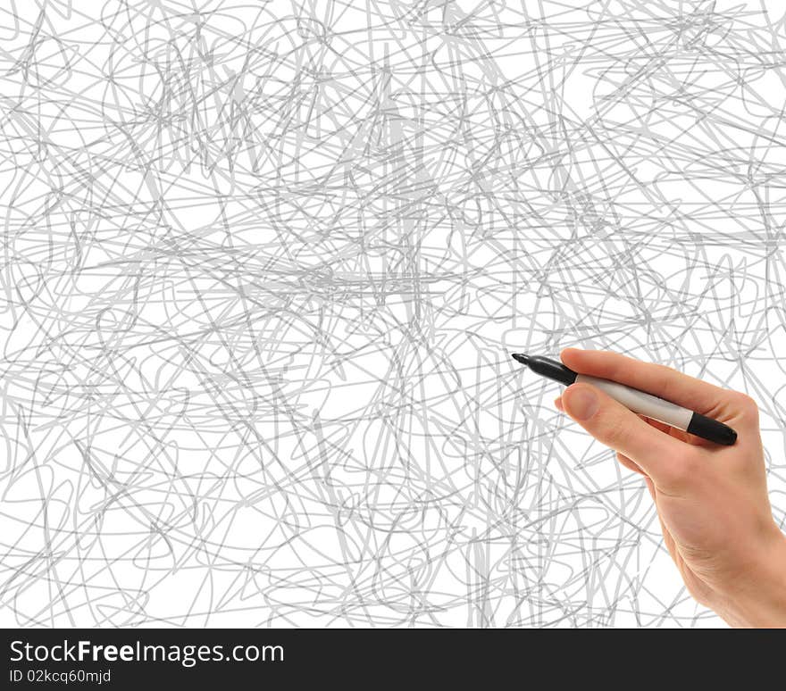 White Caucasian hand holding a black marker with a scribble white board behind it. White Caucasian hand holding a black marker with a scribble white board behind it