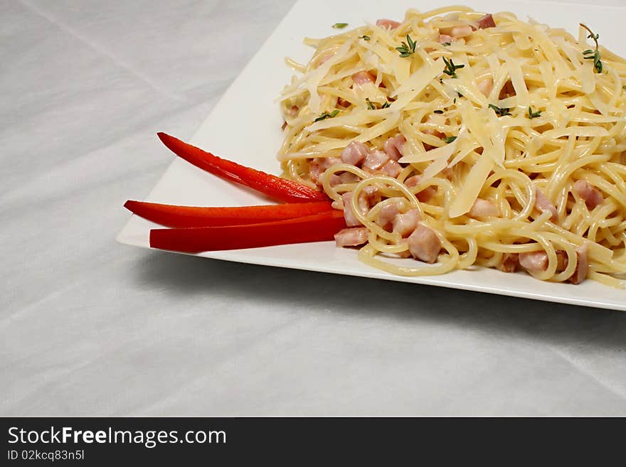 Part of plate filled with spaghetti and paprika. Part of plate filled with spaghetti and paprika