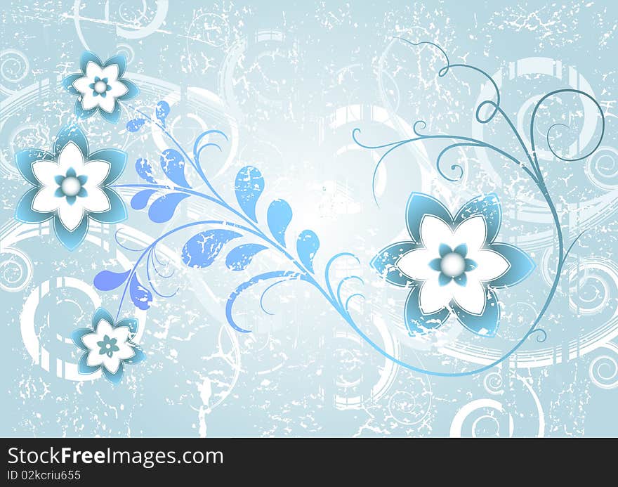 Decorative floral blue grunge background with curls. Decorative floral blue grunge background with curls