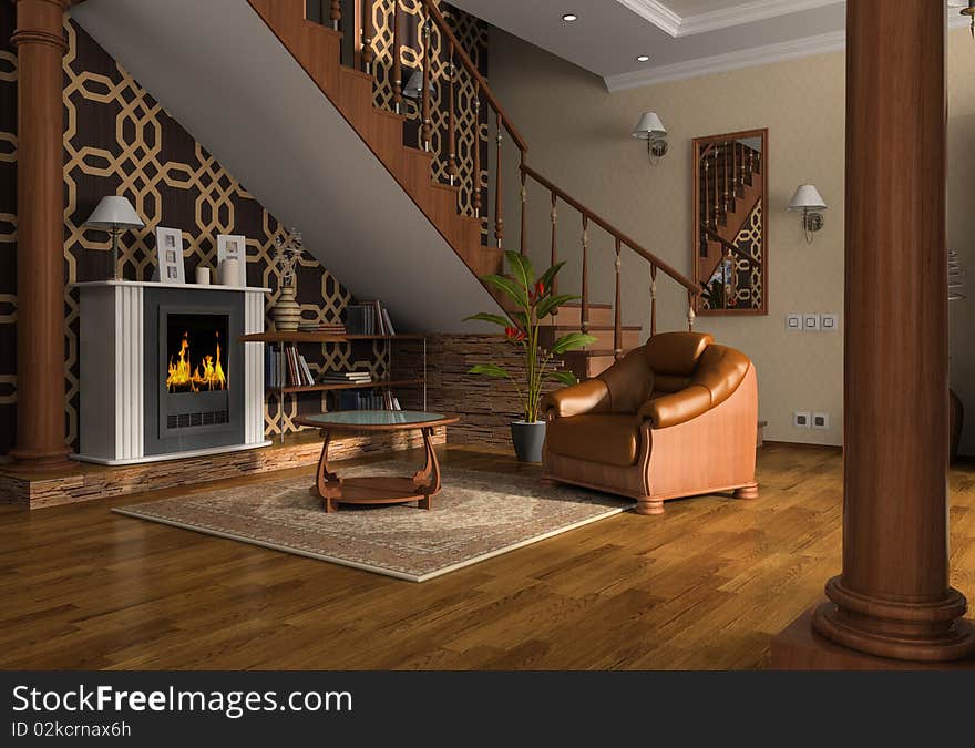 Interior of the room with the staircase, a fireplace and a chair. Interior of the room with the staircase, a fireplace and a chair