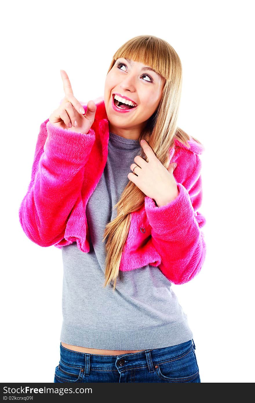 Happy excited young blond woman pointing at something. Happy excited young blond woman pointing at something