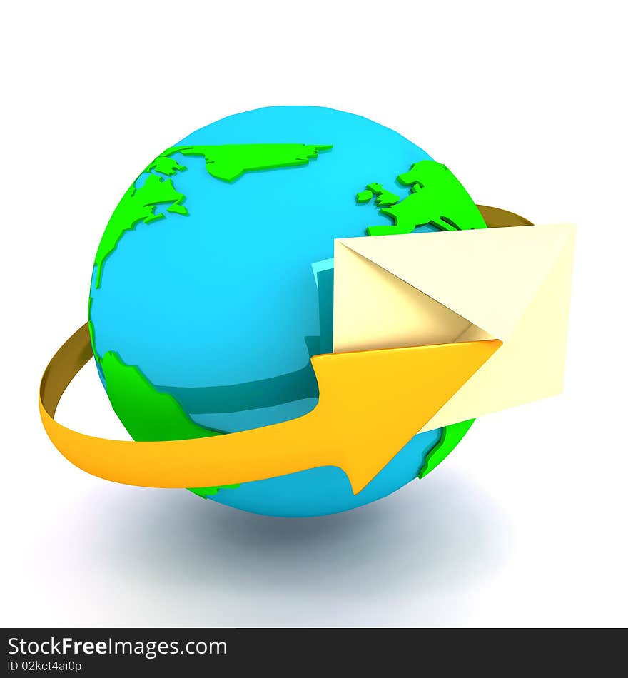 Envelope with globe sign over white