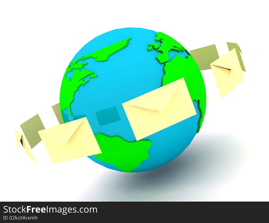 Envelope with globe sign over white