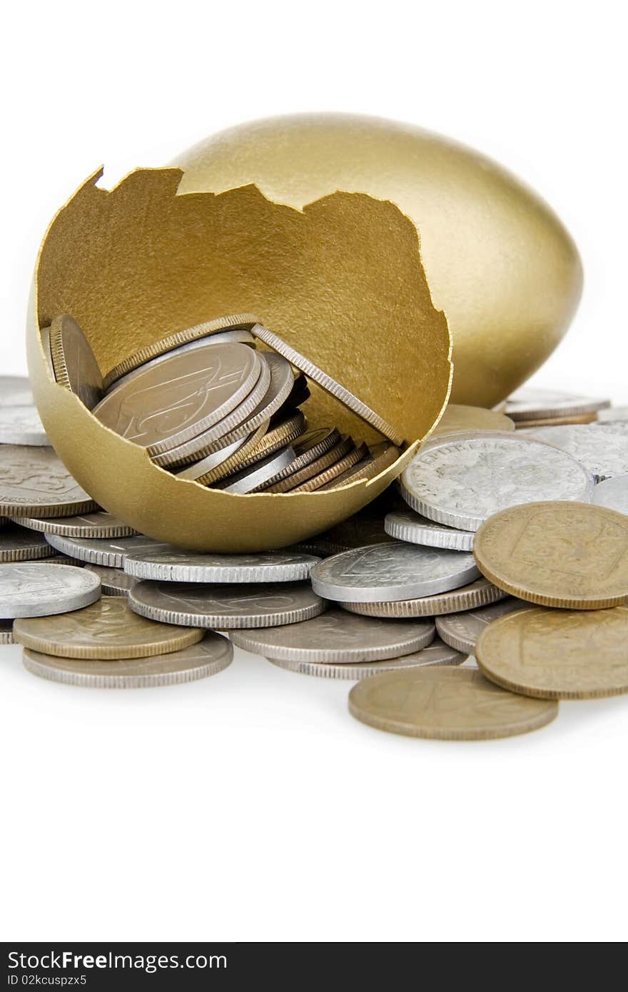 Old money and broken gold egg,on white background. Old money and broken gold egg,on white background.