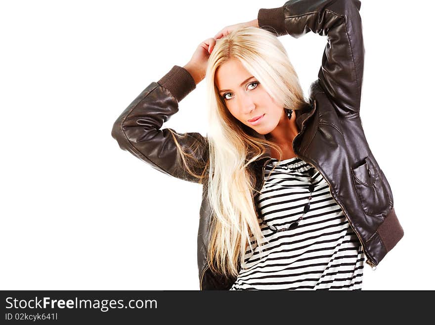 Sweet charming young blond girl in jacket