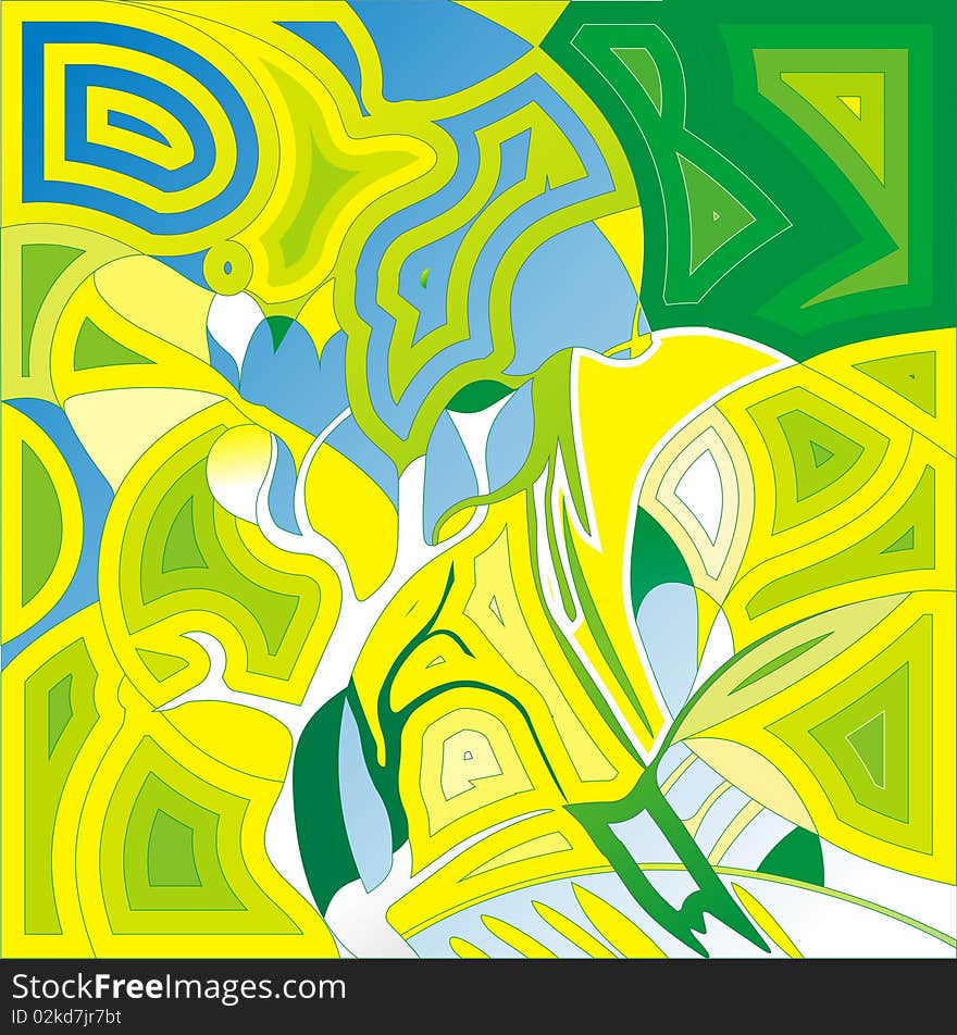 Patterned green-yellow -white background with abstract waves stylized vegetation ,curved lines,free designs. Patterned green-yellow -white background with abstract waves stylized vegetation ,curved lines,free designs