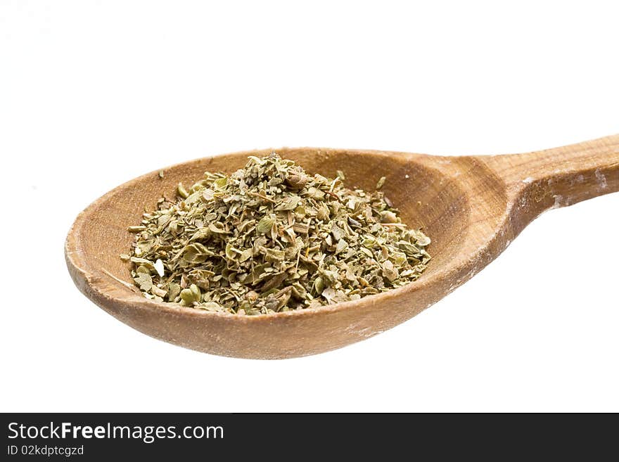 Wooden spoon spices on a white background