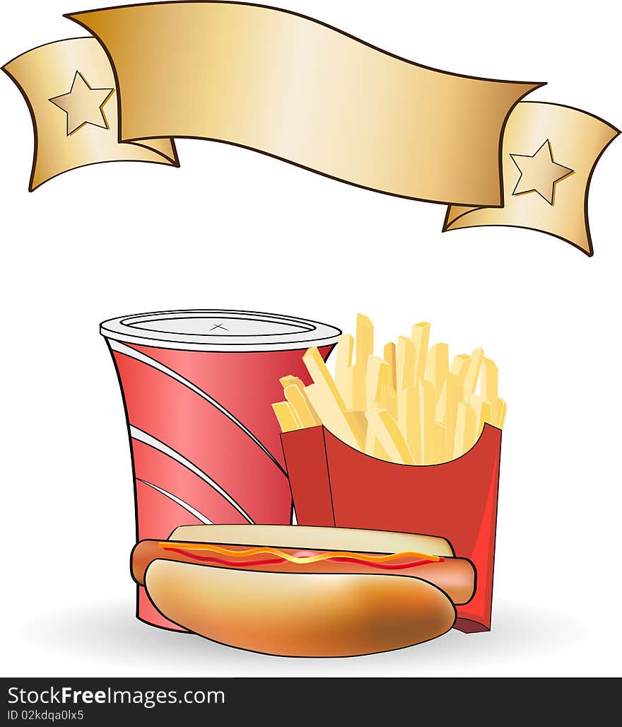 A poster with a hot dog meal with banner where you can type in your own text. A poster with a hot dog meal with banner where you can type in your own text.