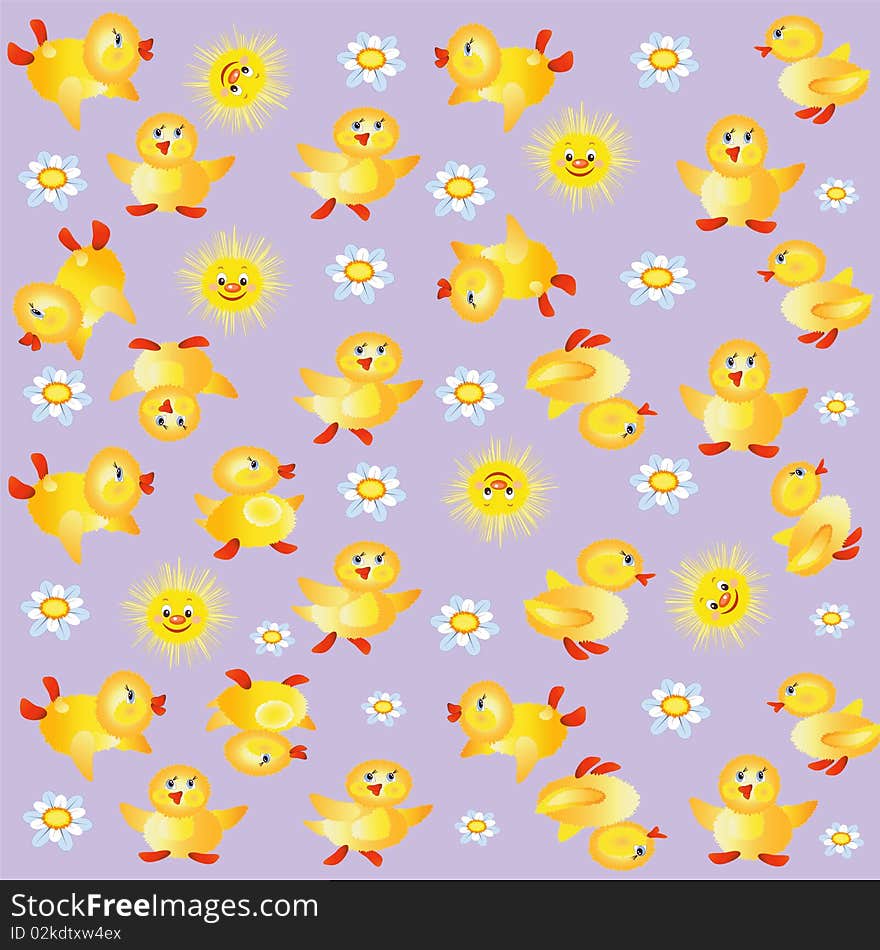 Lilac background with ducklings ,suns and chamomiles.