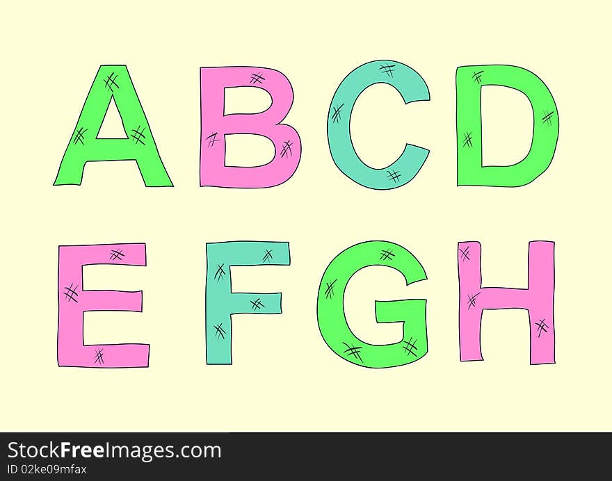 Colorful bright ABCDEFGH vector letters in hand drawn style