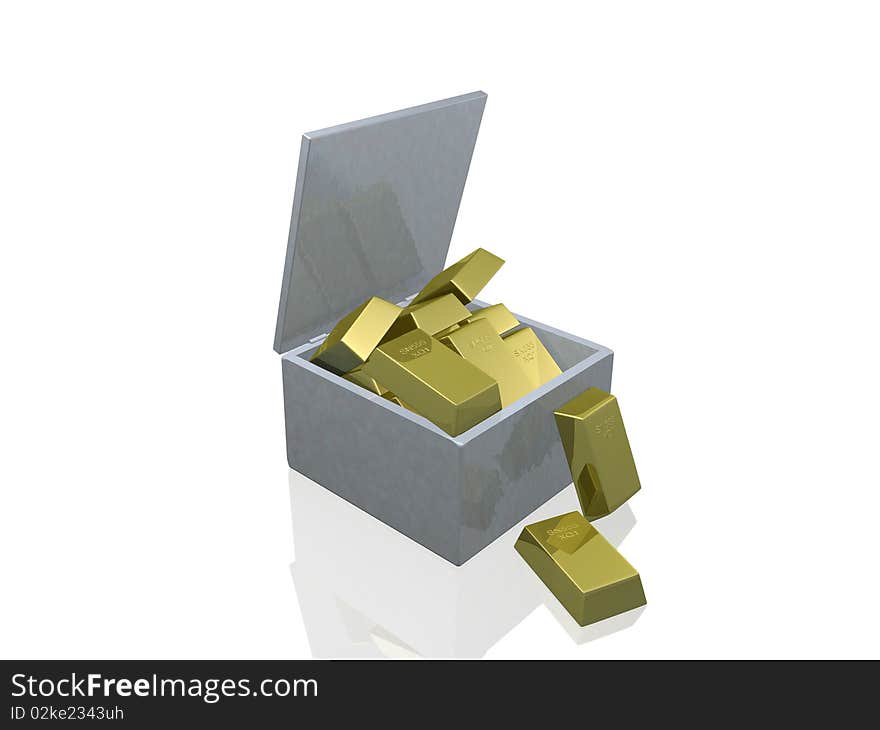 A silver box filled with bars of gold. A silver box filled with bars of gold.