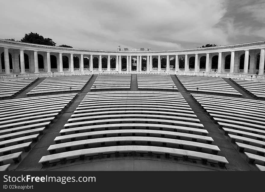 Memorial Amphitheater at Arlington National Cemetery. The Marble columns surround the theater. Used for memorial services to honor the fallen soldiers of the U.S.A. armed forces.