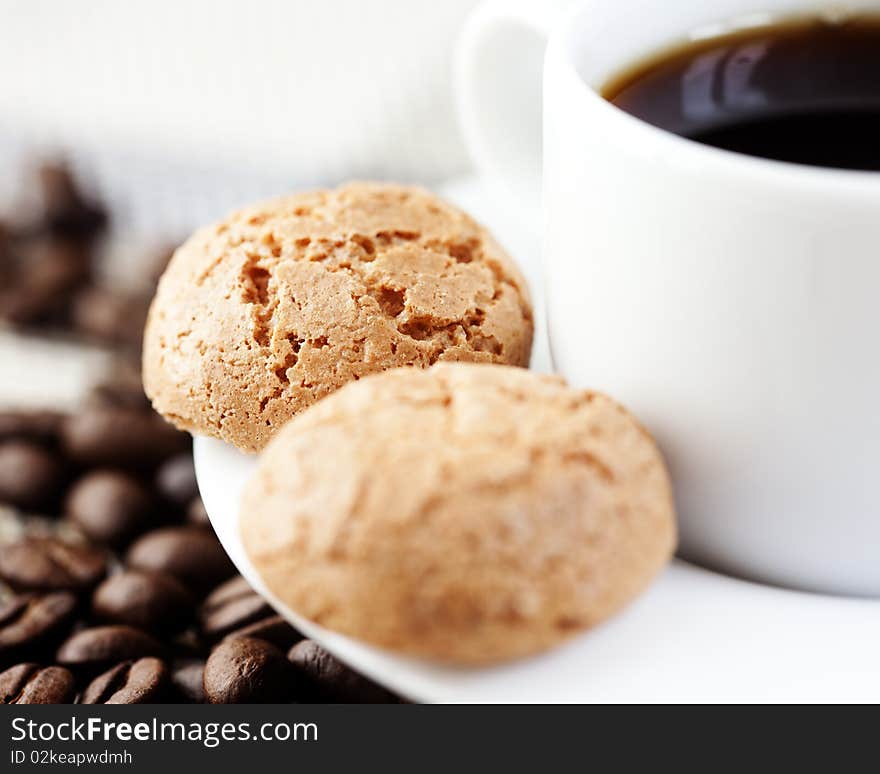 Close up of biscotti and a cup of black coffee. Close up of biscotti and a cup of black coffee