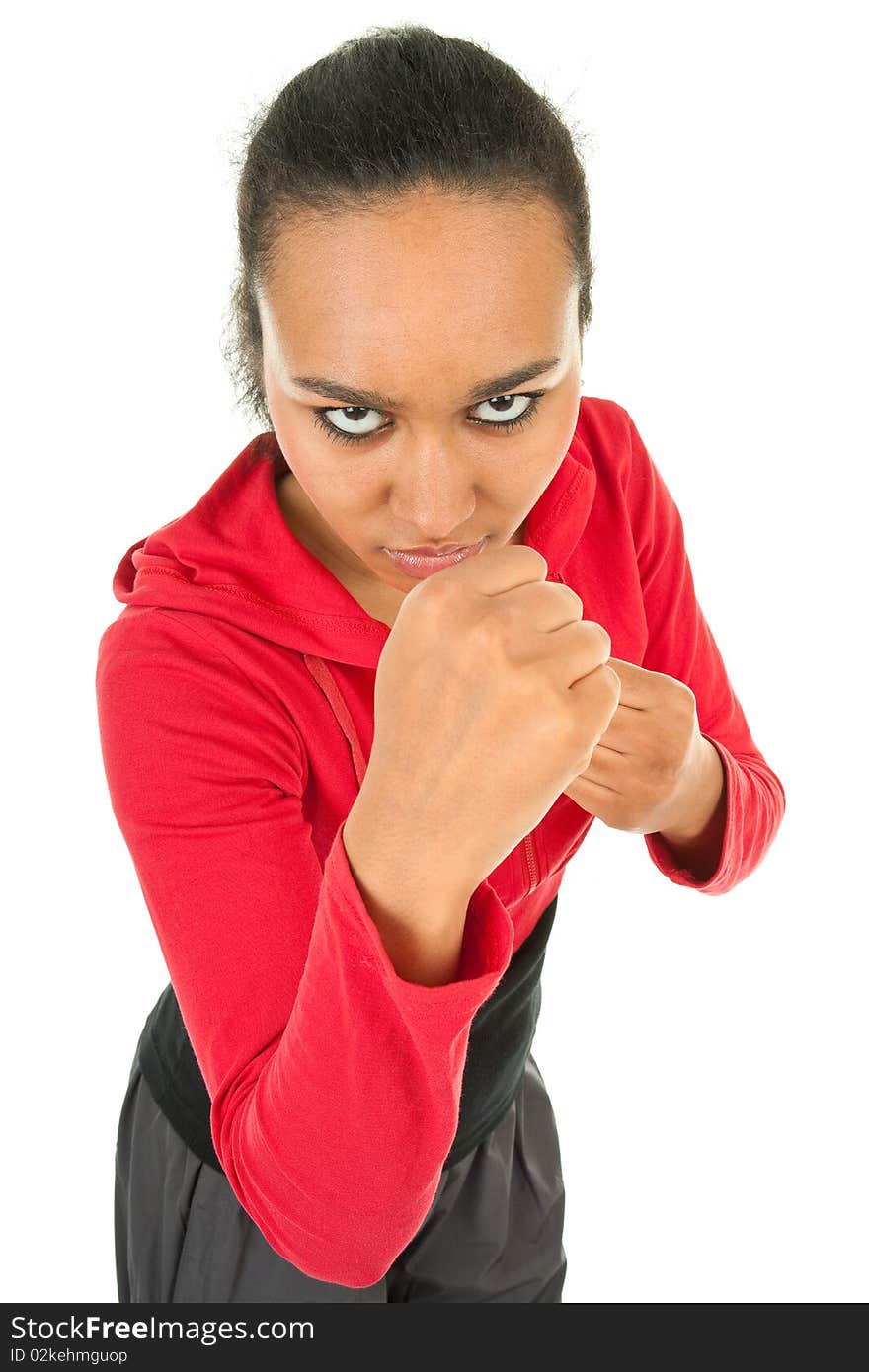 Portrait of a dark-skinned girl in a red sports clothes. Portrait of a dark-skinned girl in a red sports clothes