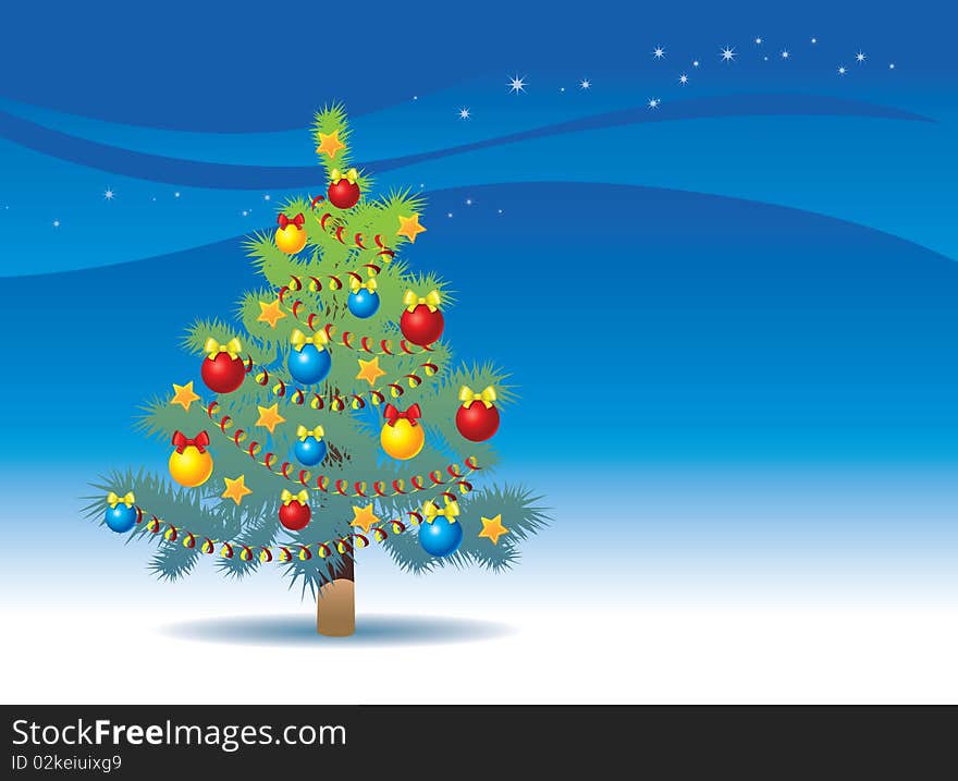 Christmas tree with decoration on the nightsky background. Christmas tree with decoration on the nightsky background