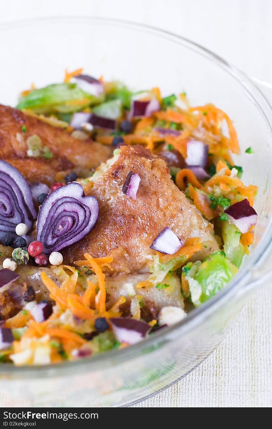 Fried tasty chicken with vegetables. Fried tasty chicken with vegetables