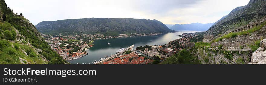 View of the Kotor and Kotor Bay. Montenegro. Panorama the review from 6 shots