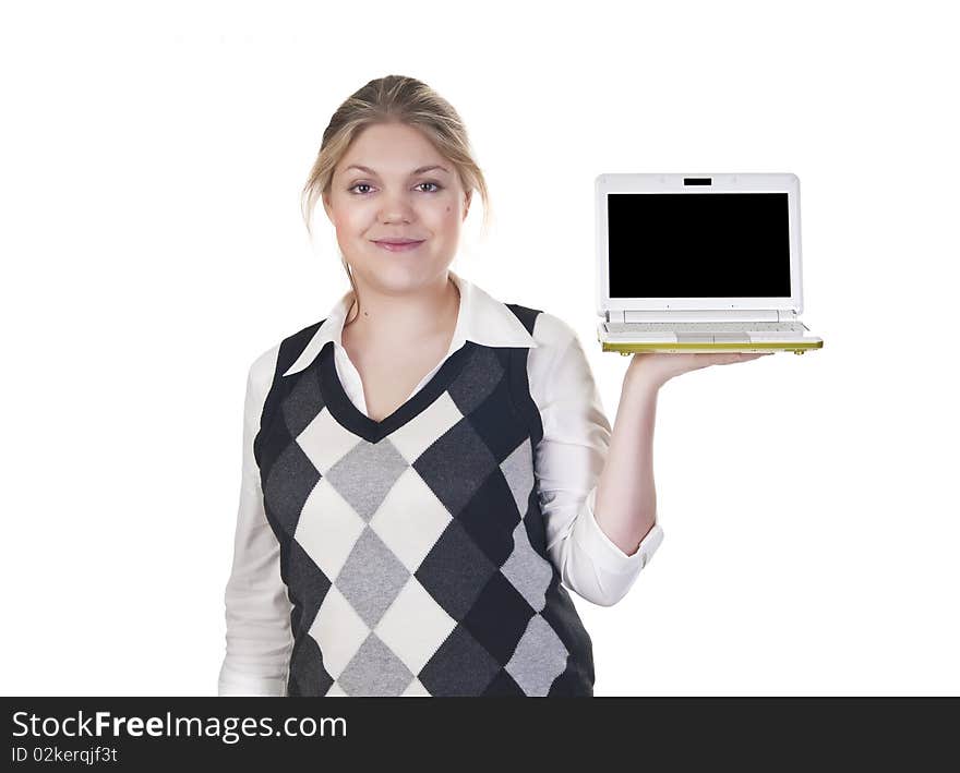 Attractive blond business woman isolated on a white background with laptop