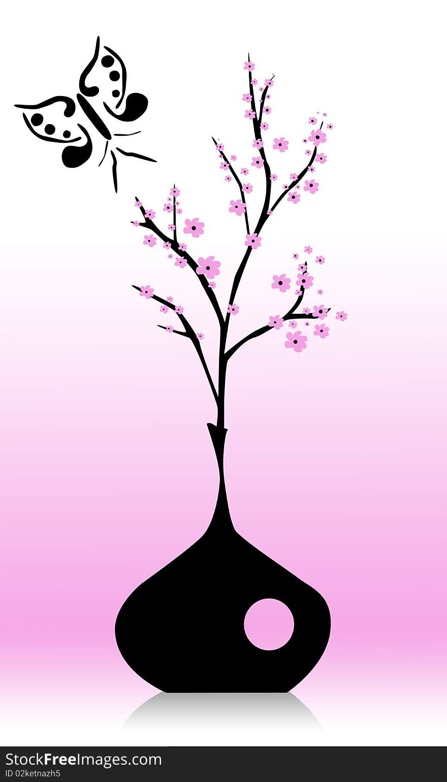 Picture of black vase with branch of cherry tree and butterfly on pink background