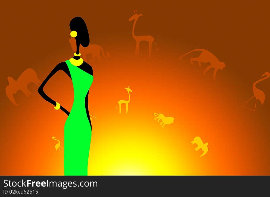 Picture of african woman in green dress on sunset. Picture of african woman in green dress on sunset