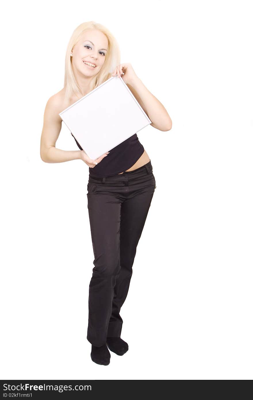 Young blonde smiling woman with blank. Looking down. Isolated on the white