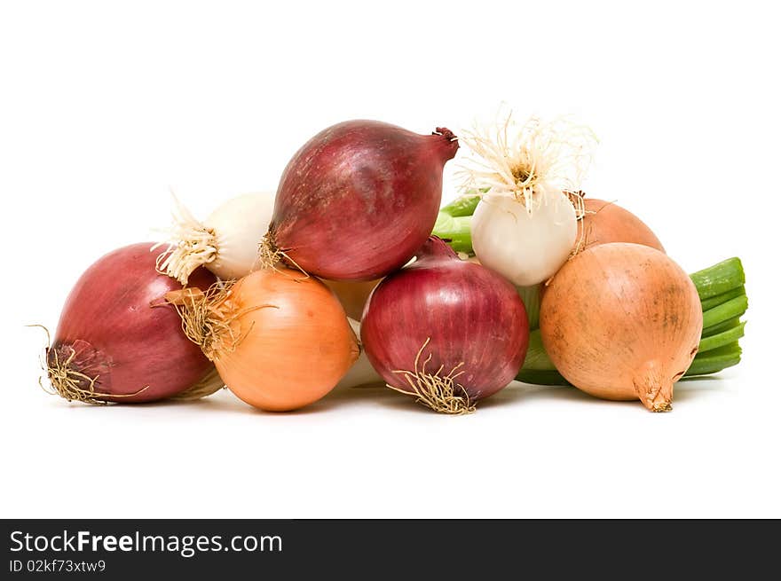 Variety of fresh onions isolated on white background. Variety of fresh onions isolated on white background