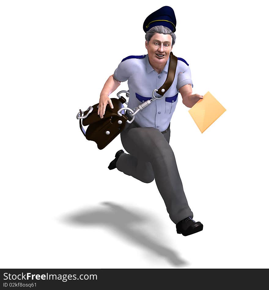 Very sweet postman running to you. 3D rendering with clipping path and shadow over white