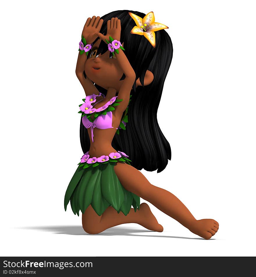 Very cute hawaiin cartoon girl is dancing for you. 3D rendering with clipping path and shadow over white