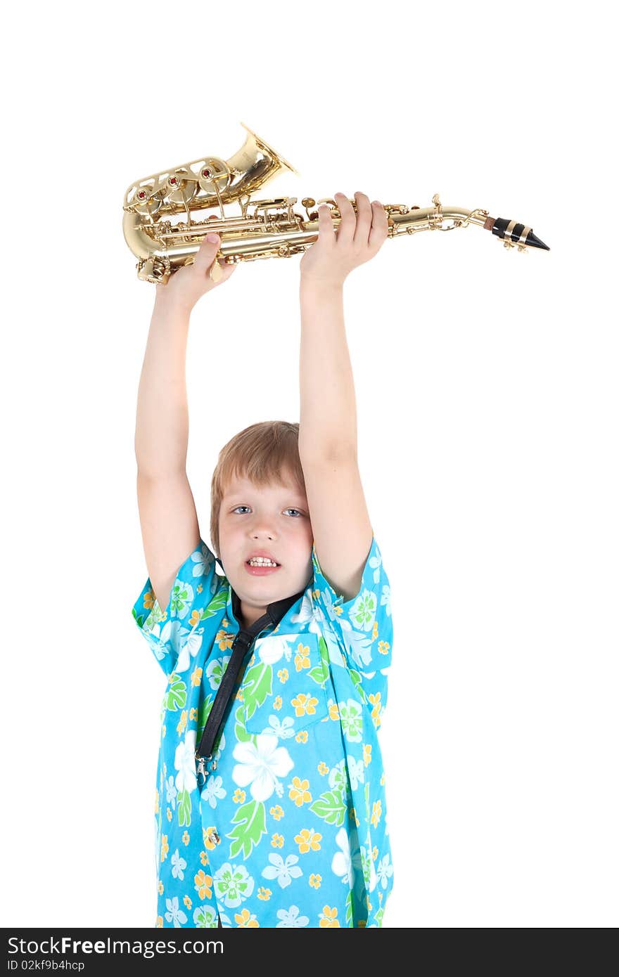 Boy with saxophone  isolated on white