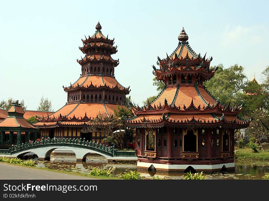 A couple of reproduce chinese pagoda at Samutprakarn Thailand