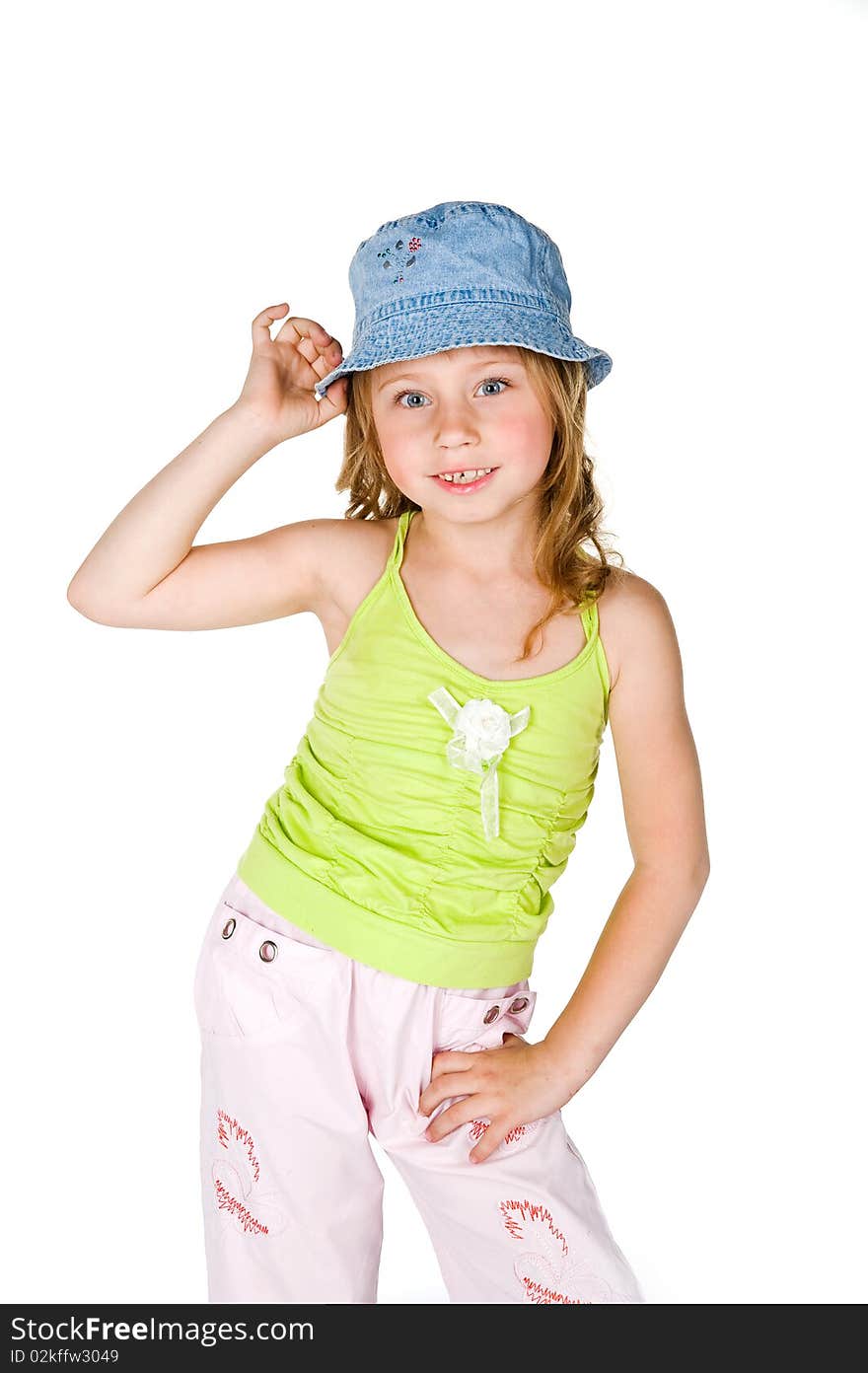 Cute little girl on a white background close-up