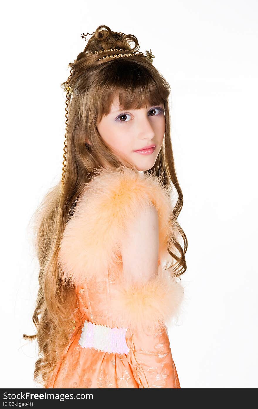 Little girl in princess costume on white background. Little girl in princess costume on white background