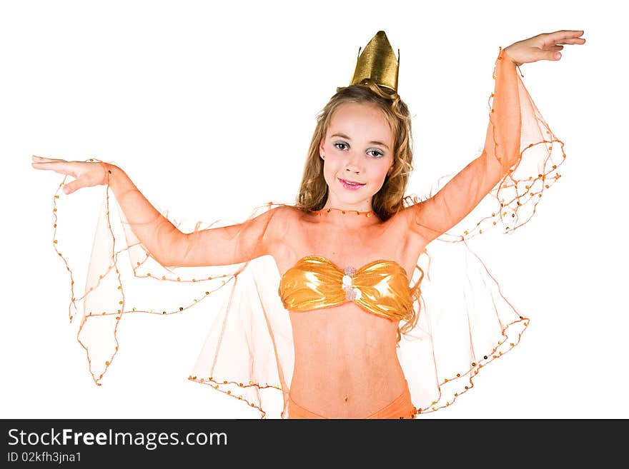 Little girl in princess costume on white background