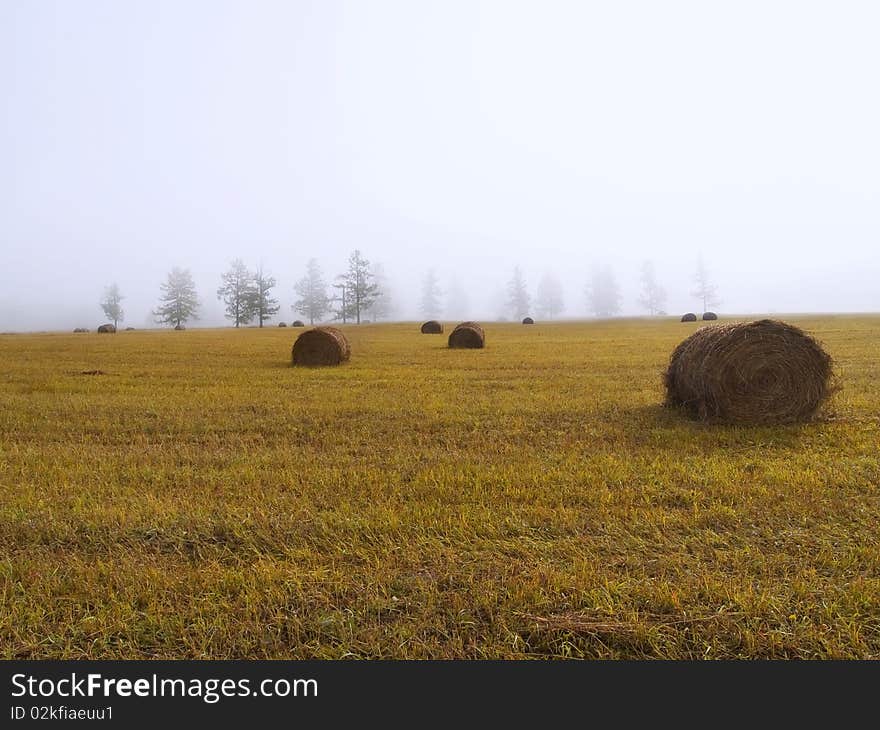 Haystacks in a fog in the mountains