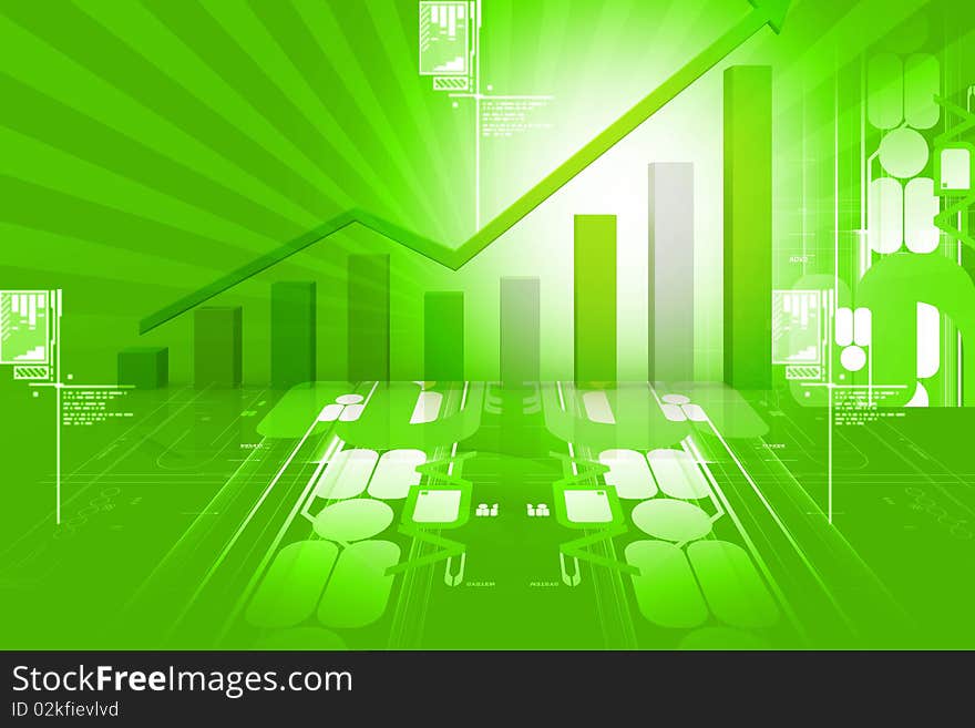 3d graph showing rise in green color background. 3d graph showing rise in green color background