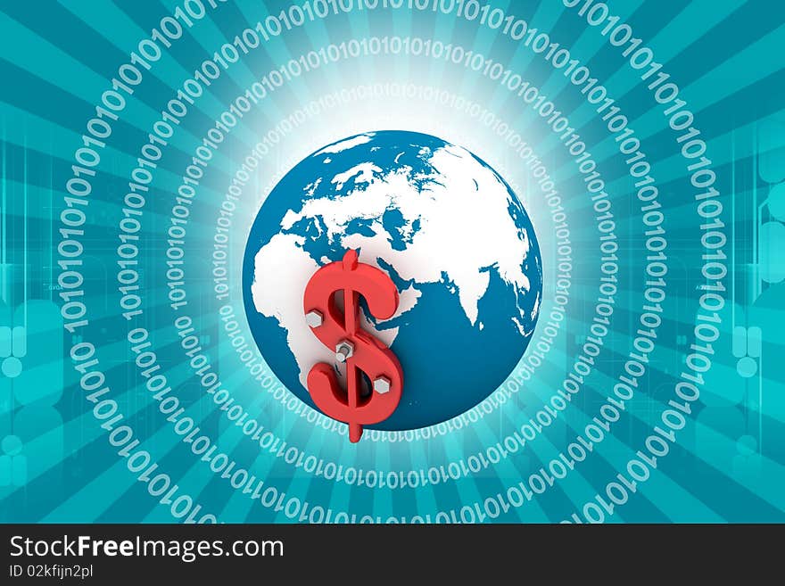 Highly rendering of 3d globe and dollar sign in color background. Highly rendering of 3d globe and dollar sign in color background