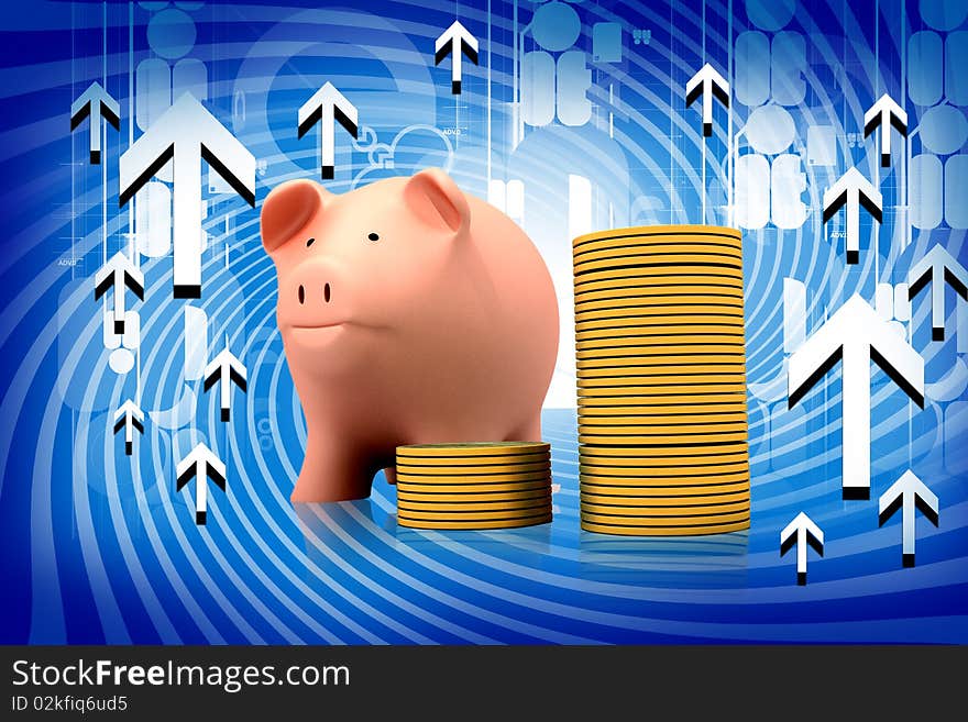 Piggy bank with gold coins on color background. Piggy bank with gold coins on color background