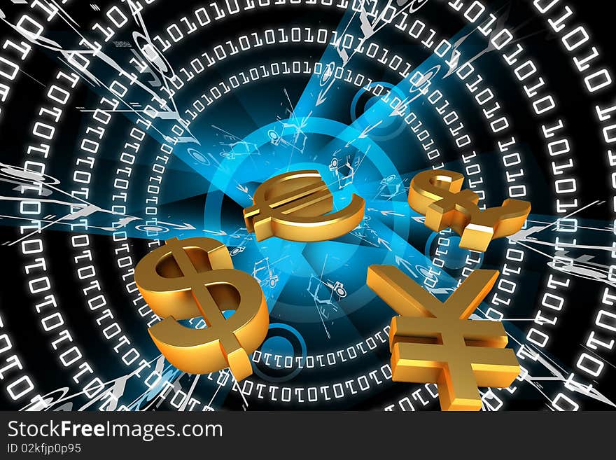 Digital illustration of world and world currency in color background