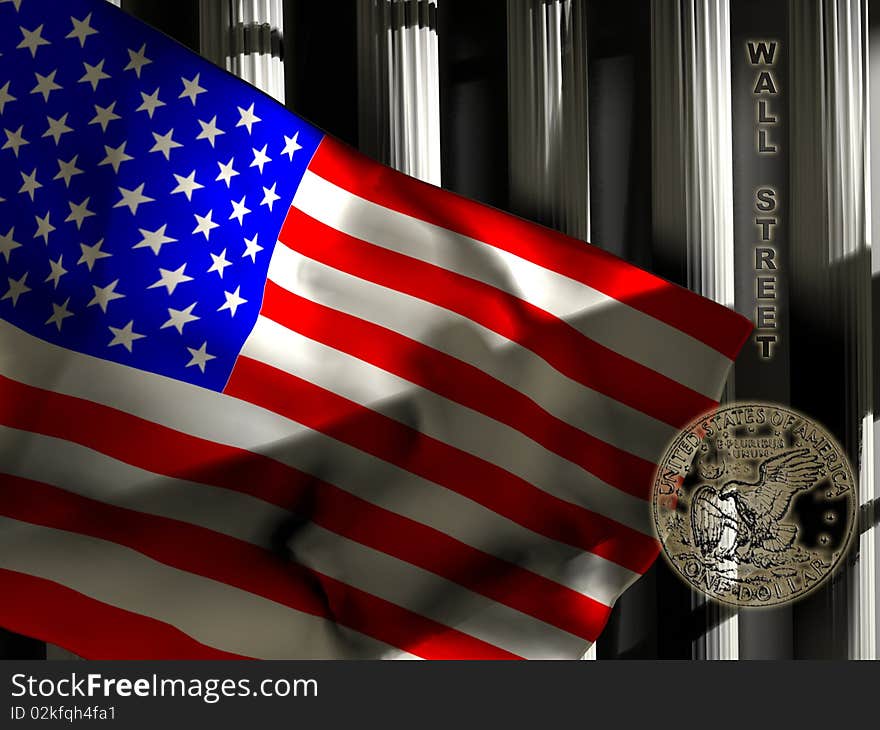 A  north-american flag in foreground of columns that remind those of the Wall Street edifice.
The foreground of the image reminds the financial character of this place. A  north-american flag in foreground of columns that remind those of the Wall Street edifice.
The foreground of the image reminds the financial character of this place.