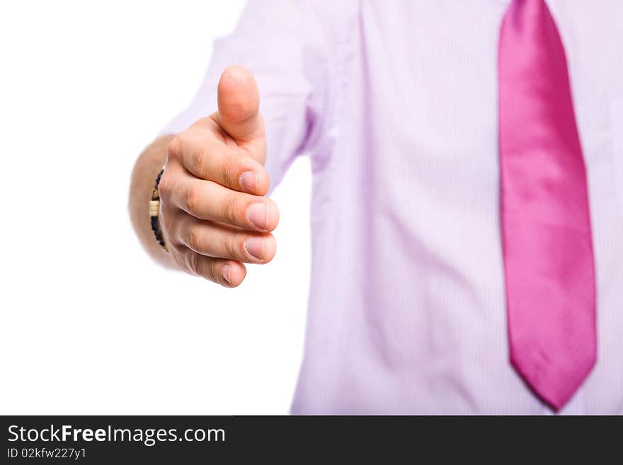 Hand welcome gesture, pink shirt and tie, isolated on white background. Hand welcome gesture, pink shirt and tie, isolated on white background