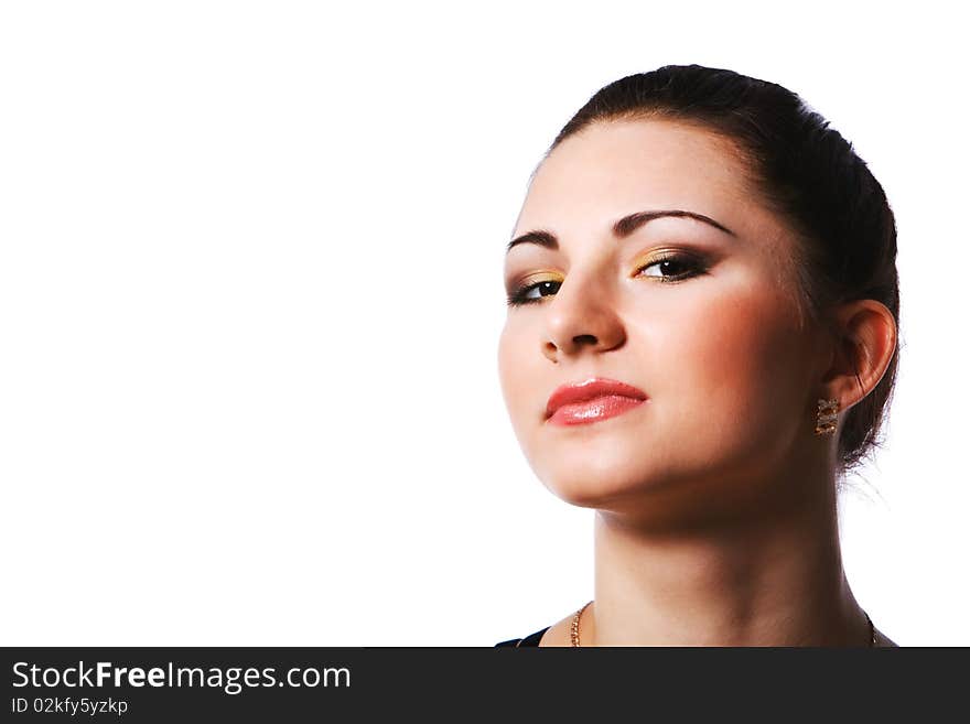 Portrait of young charming brunette woman on white background.