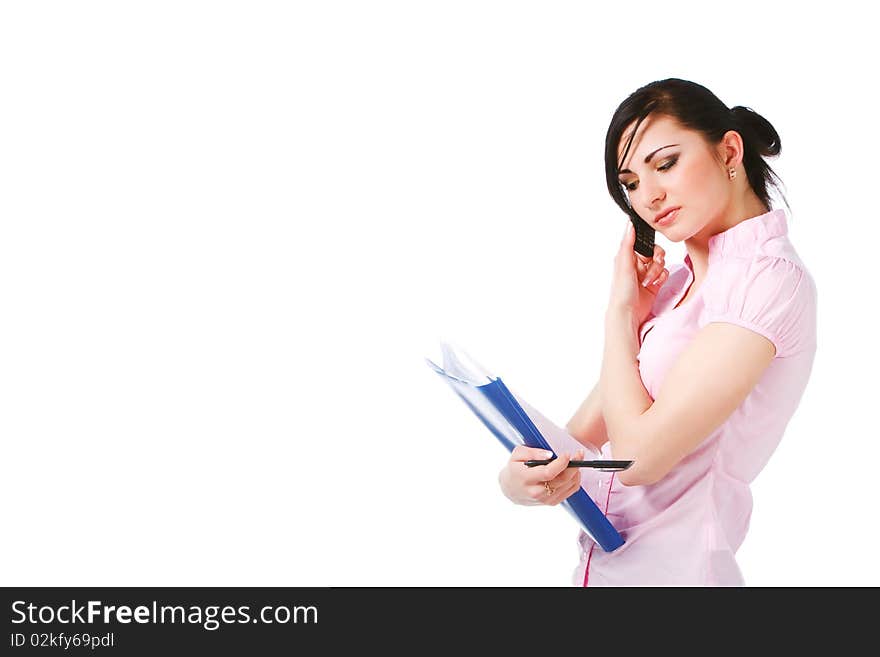 Attractive young girl in pink blouse with papers