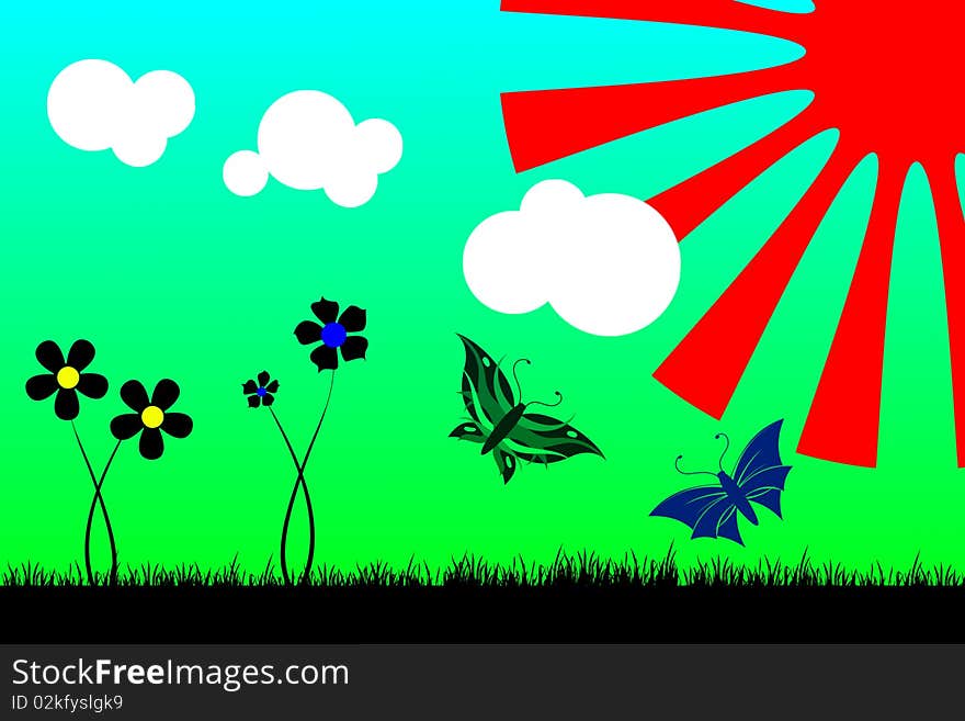 Vivid illustration of the grass, butterflies, flowers, clouds and sunshine. Nice background. Vivid illustration of the grass, butterflies, flowers, clouds and sunshine. Nice background